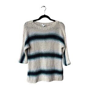 J.Jill Green Blue Cotton Linen Crochet SzS Open Knit Striped 3/4 Sleeve Sweater